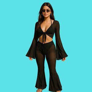 Sofsy Black Sheer Two-Piece Bell Sleeve Set (Top M / Pants XL) – Beach Outfit